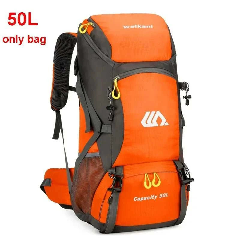 Waterproof outdoor travel backpack with 50L capacity and independent shoe compartment