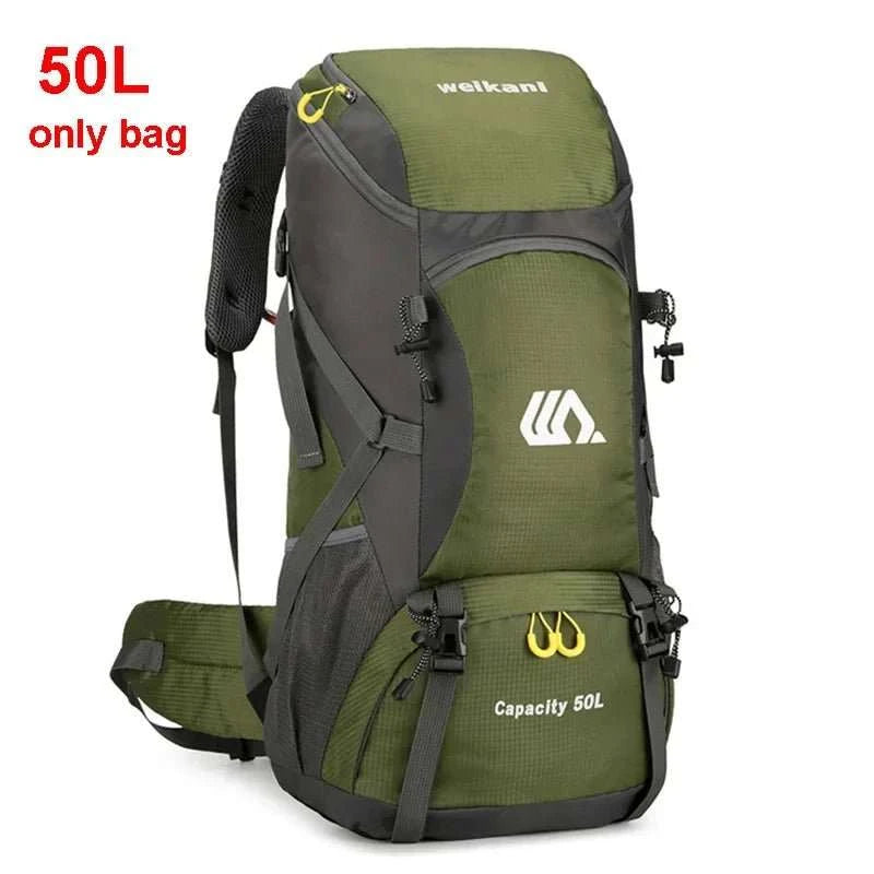 Waterproof outdoor travel backpack with large 50L capacity and separate shoe compartment