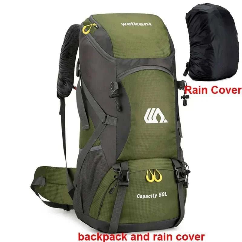 Waterproof outdoor travel backpack with large 50L capacity and independent shoe compartment for hiking and multi-day trips