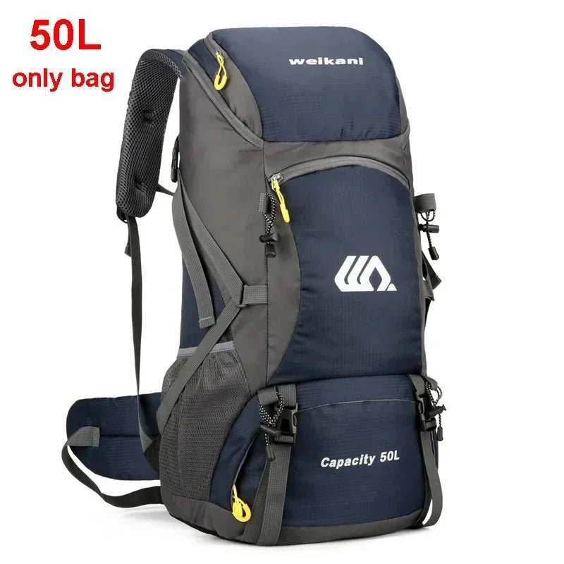 Waterproof outdoor travel backpack with 50L capacity and independent shoe compartment for hiking