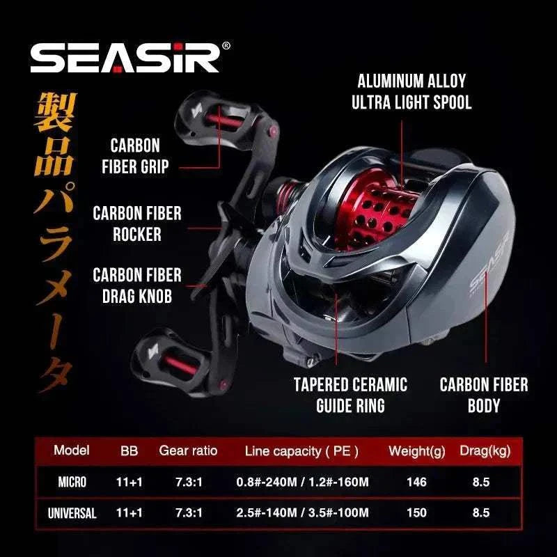 Ultralight carbon baitcasting reel with 7.3:1 ratio, 11+1 bearings, dual spool, and 8.5kg drag for precision fishing