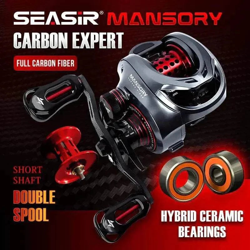 Ultralight carbon baitcasting reel with dual spools, 7.3:1 gear ratio, 11+1 bearings, and 8.5kg drag system