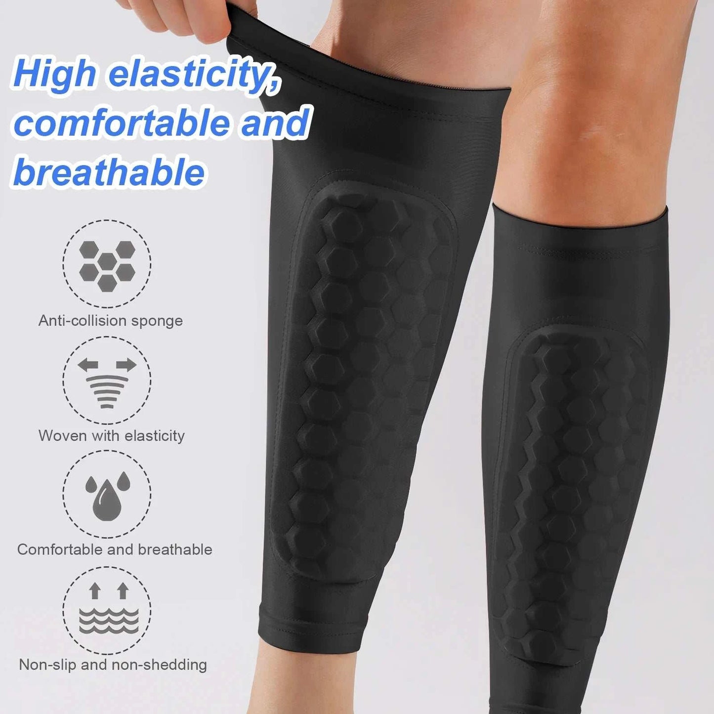 Shin Defender honeycomb padded soccer shin guards with breathable nylon leg sleeves