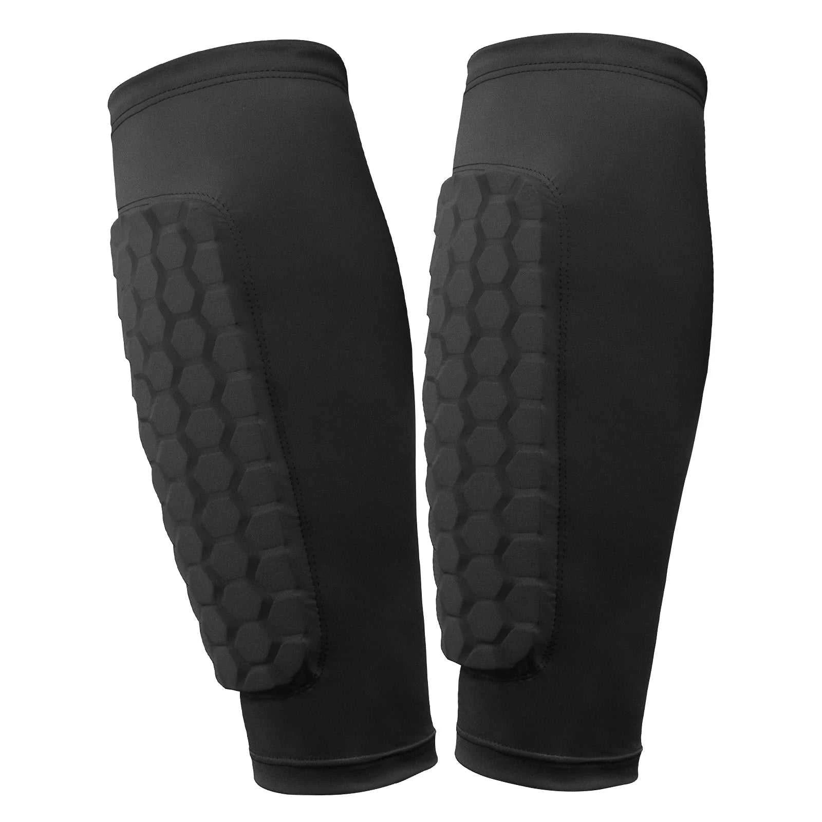 Shin Defender honeycomb padded soccer shin guards with breathable nylon leg sleeves