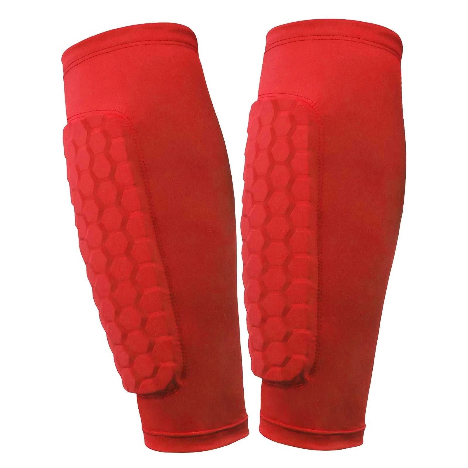 Shin Defender honeycomb padded soccer shin guards with breathable nylon leg sleeves
