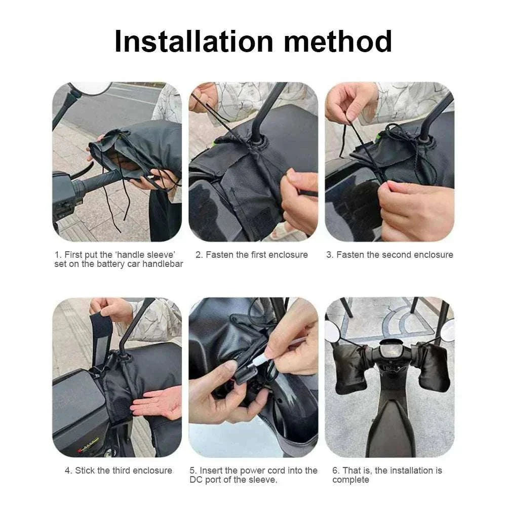 USB heated motorcycle handlebar muffs in waterproof PU leather with 3 heat settings and reflective safety design