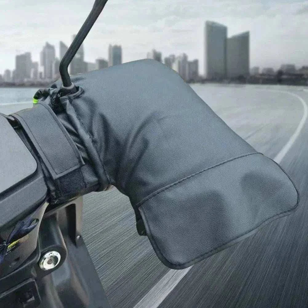 USB heated motorcycle handlebar muffs in waterproof PU leather with 3 heat settings and reflective safety features
