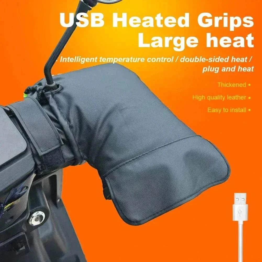 USB heated motorcycle handlebar muffs with waterproof PU leather, 3 heat levels, and reflective safety design