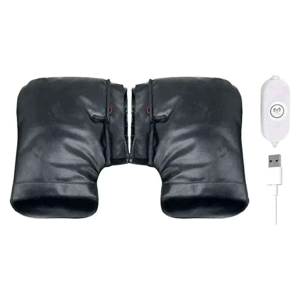 USB heated motorcycle handlebar muffs in waterproof PU leather with 3 heat levels and reflective safety features