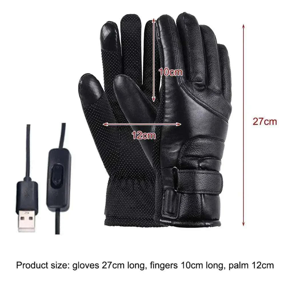 USB electric heating gloves waterproof leather touchscreen winter hand warmers