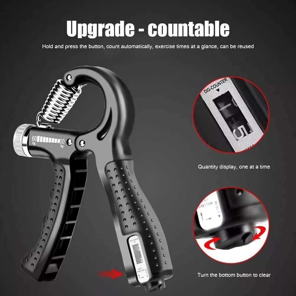 Hand Grip Strength Trainer with adjustable resistance, built-in counter, ergonomic non-slip handle, and compact carbon fiber design