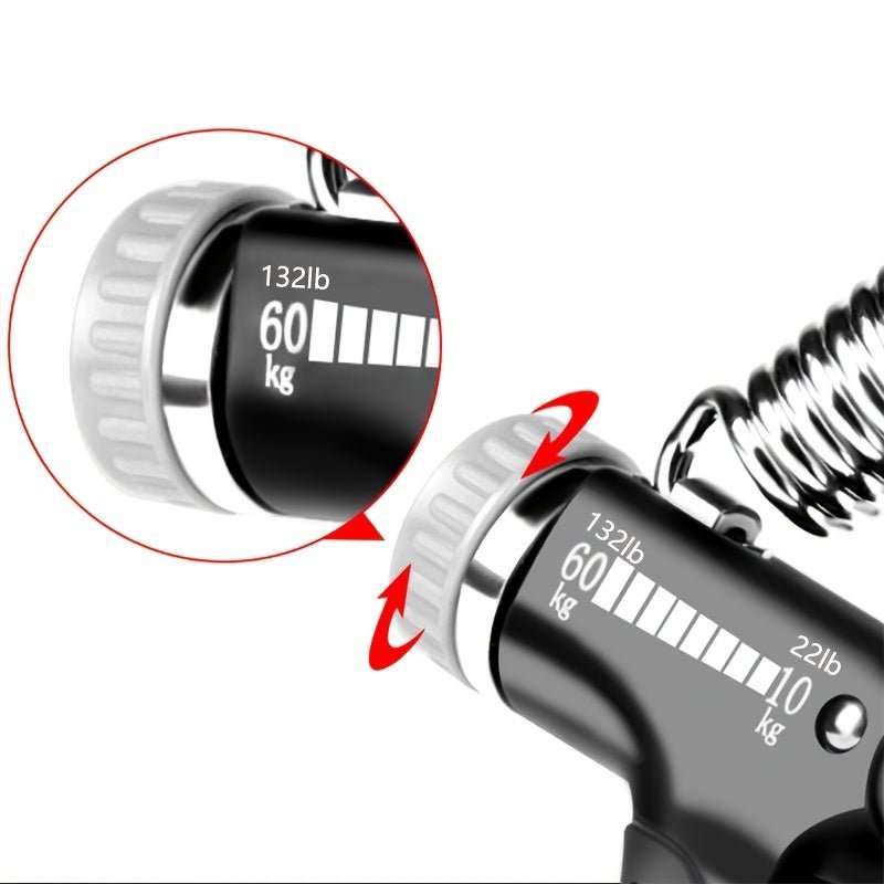 Hand Grip Strength Trainer with adjustable resistance, built-in counter, ergonomic carbon fiber design, and compact size