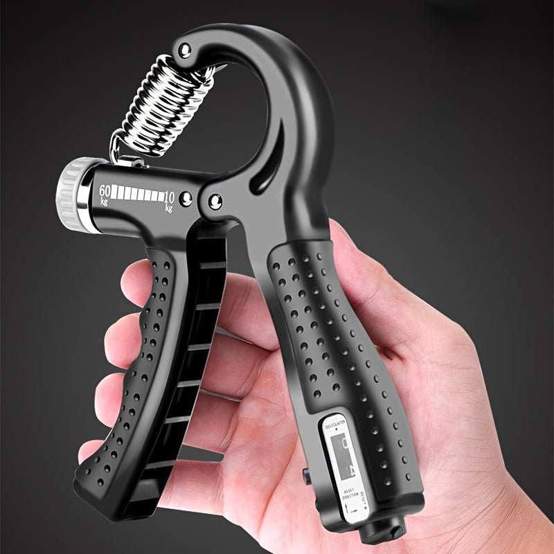 Black single pack hand grip strength trainer with adjustable resistance and built-in mechanical counter