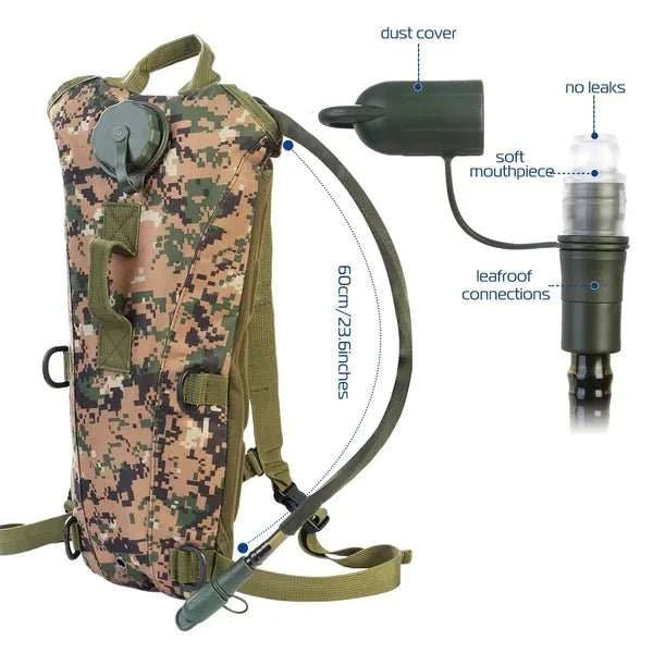 Tactical hydration pack with 3L water bladder and adjustable straps in rugged nylon backpack