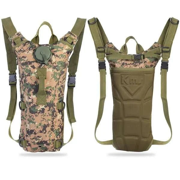 Tactical Hydration Pack with 3L water bladder and adjustable straps in rugged waterproof nylon