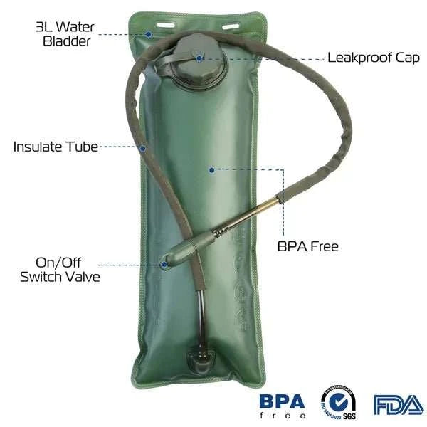 Tactical Hydration Pack with 3L water bladder, adjustable straps, and rugged waterproof nylon design