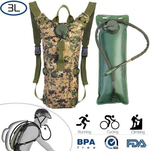 Tactical Hydration Pack with 3L water bladder and adjustable straps in rugged waterproof nylon