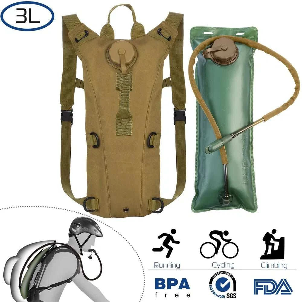 Tactical hydration pack with 3L water bladder and adjustable straps in rugged waterproof nylon