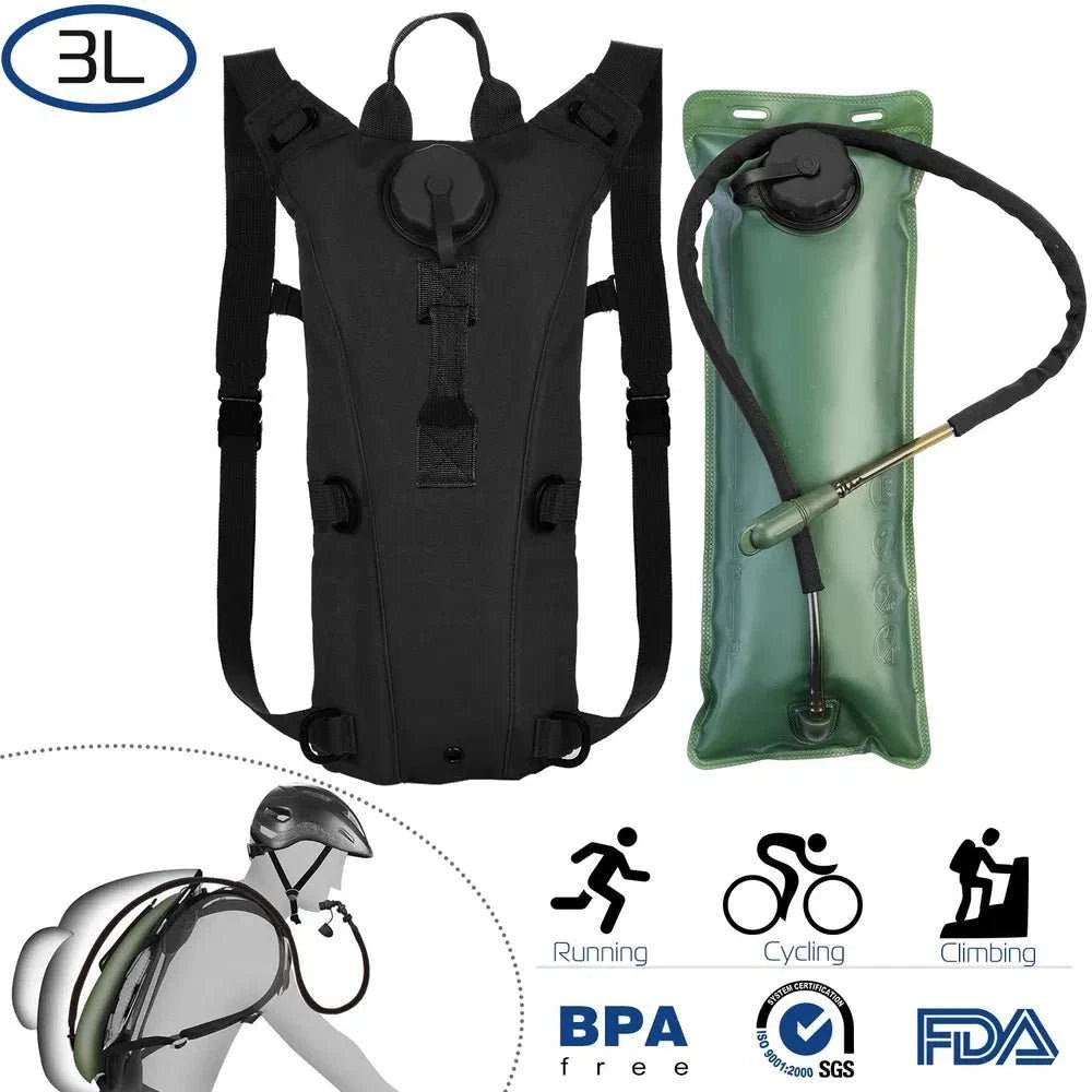 Tactical hydration pack with 3L bladder, adjustable straps, and rugged waterproof nylon in multiple colors