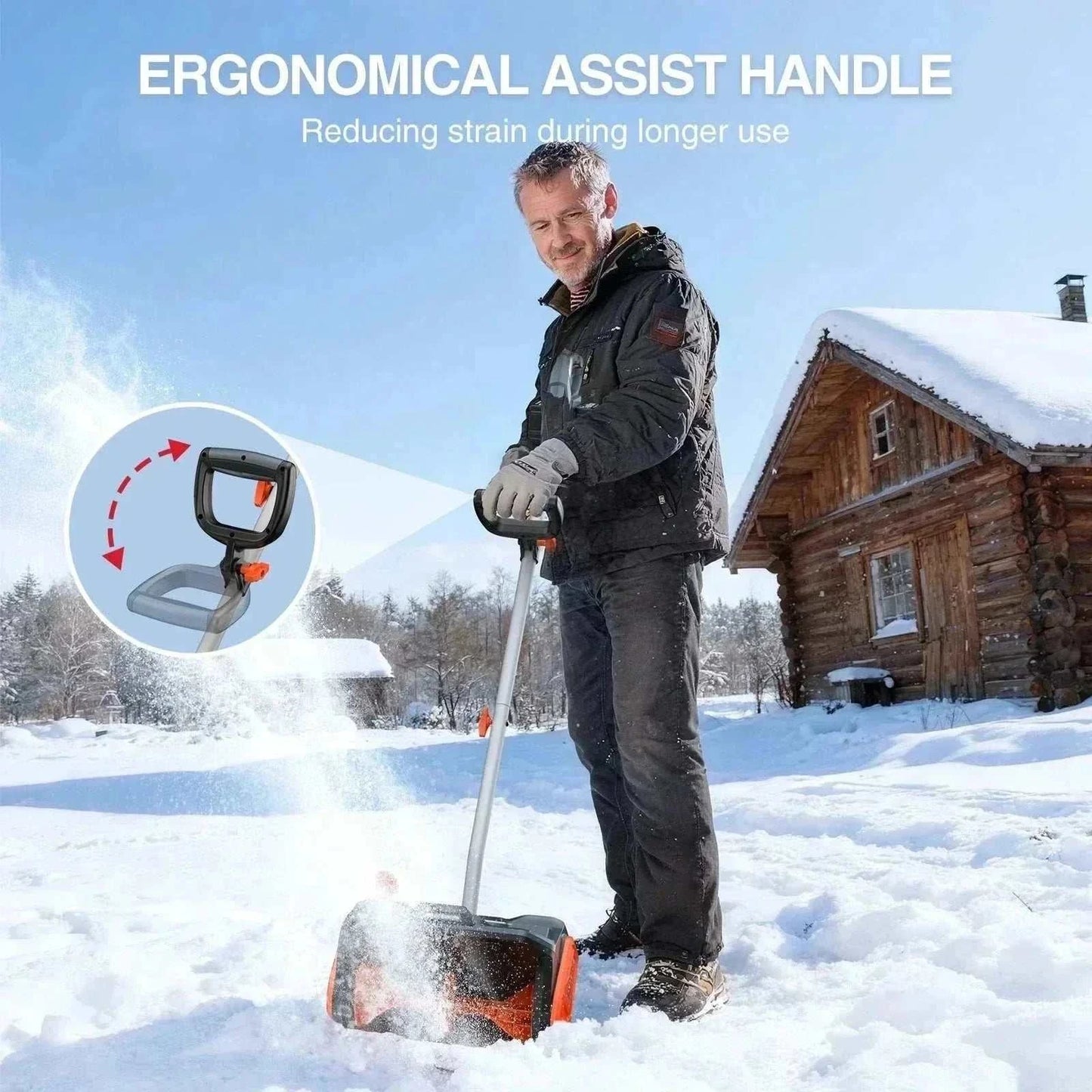 TaskStar 40V Snow Shovel with dual 5Ah batteries, wheels, adjustable chute, and LED light for efficient snow removal