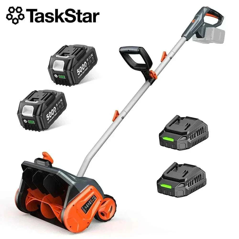 TaskStar 40V Snow Shovel with dual 5Ah batteries, wheels, adjustable chute, and LED light for powerful winter snow removal