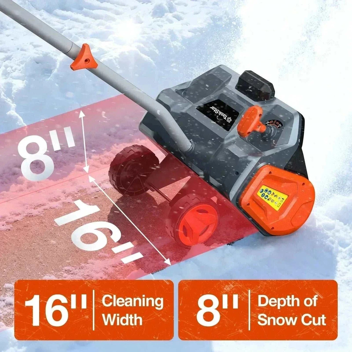 TaskStar 40V Snow Shovel with dual 5Ah batteries, wheels, telescoping handle, and adjustable chute for efficient snow removal
