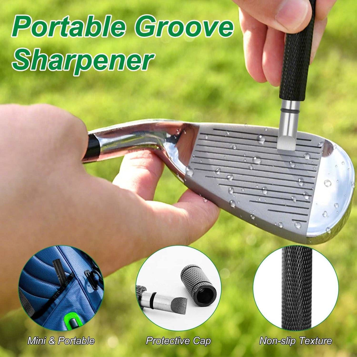 Three in one golf club cleaning kit with water bottle, brush, groove sharpener, and microfiber towel attached to golf bag