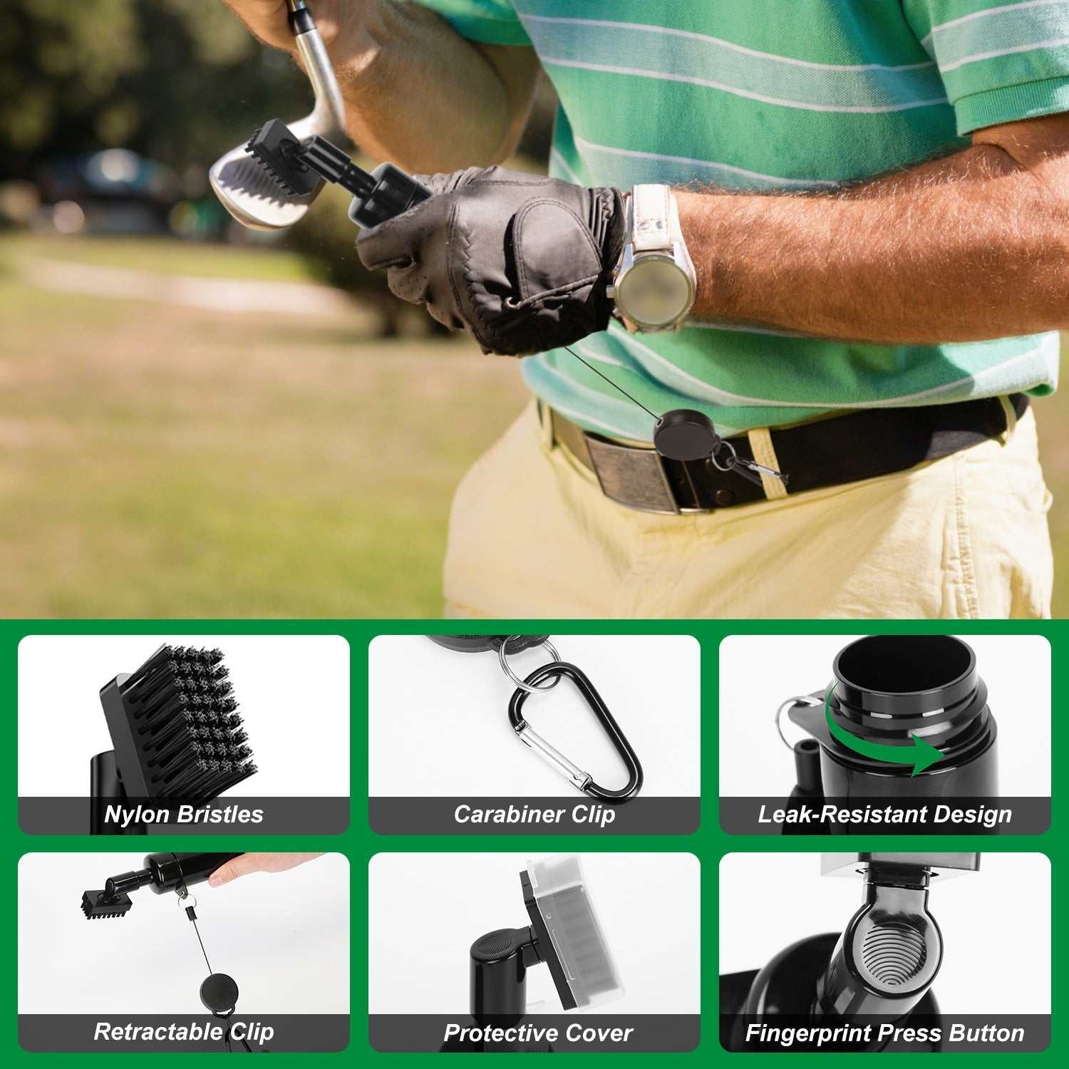 Compact golf club cleaning kit with water bottle and microfiber towel for on-course use