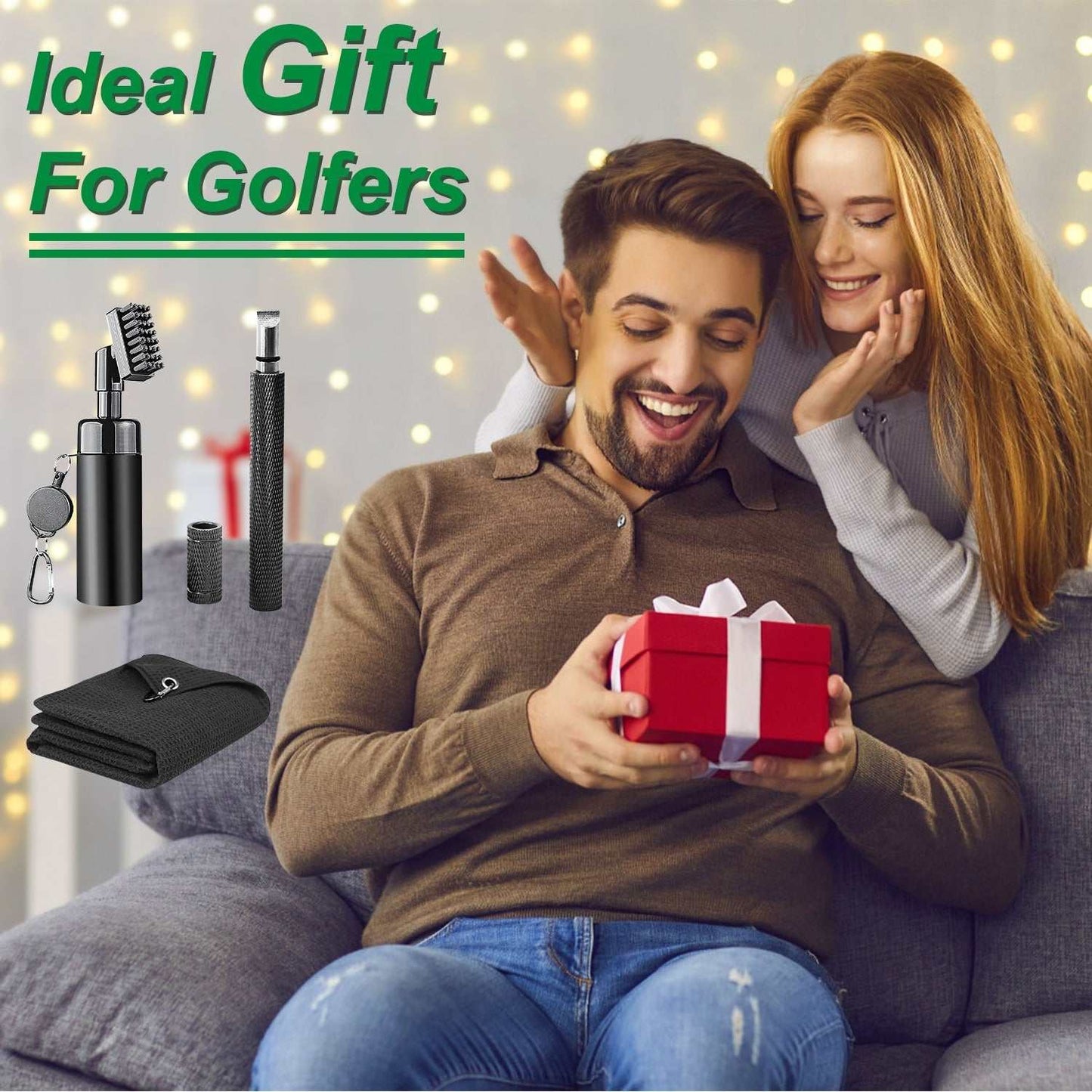 Compact three-in-one golf club cleaning kit with water bottle, brush, groove sharpener, and microfiber towel for on-course club maintenance