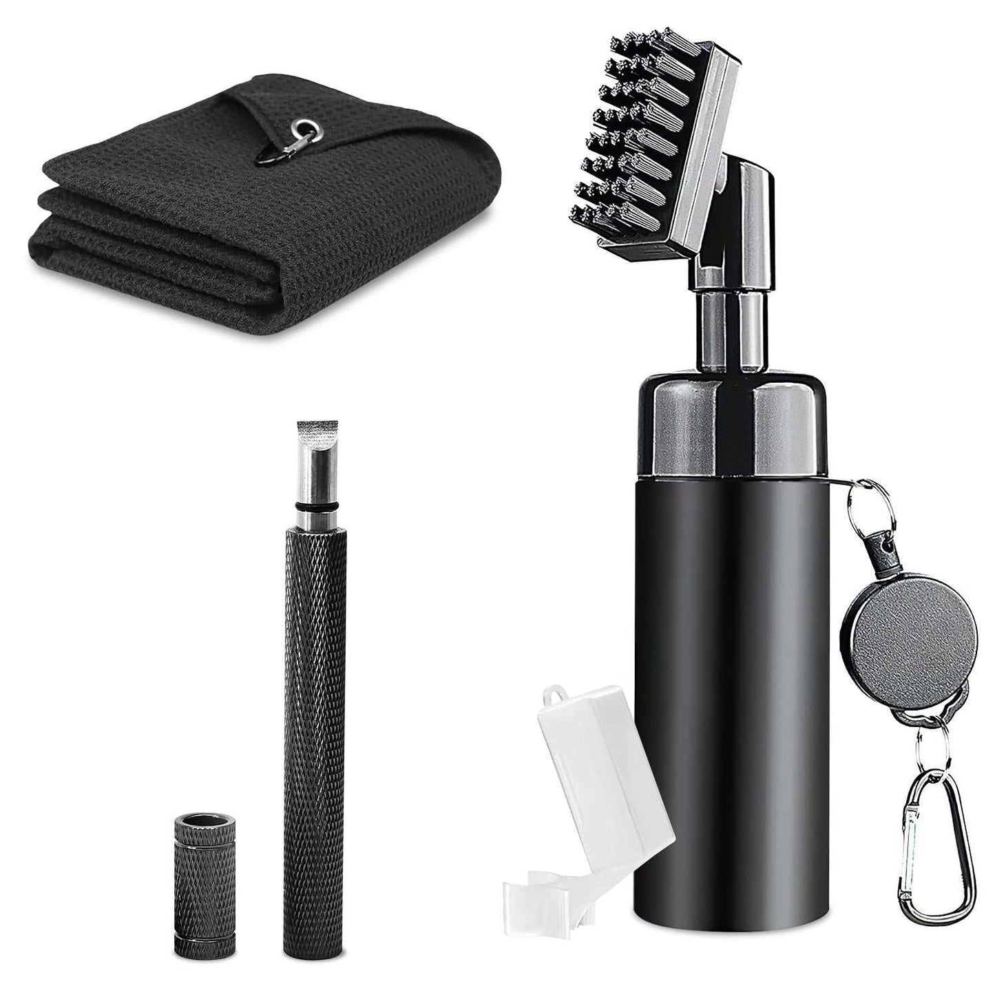 Compact three-in-one golf club cleaning kit with water bottle, brush, groove sharpener, and microfiber towel attached to golf bag
