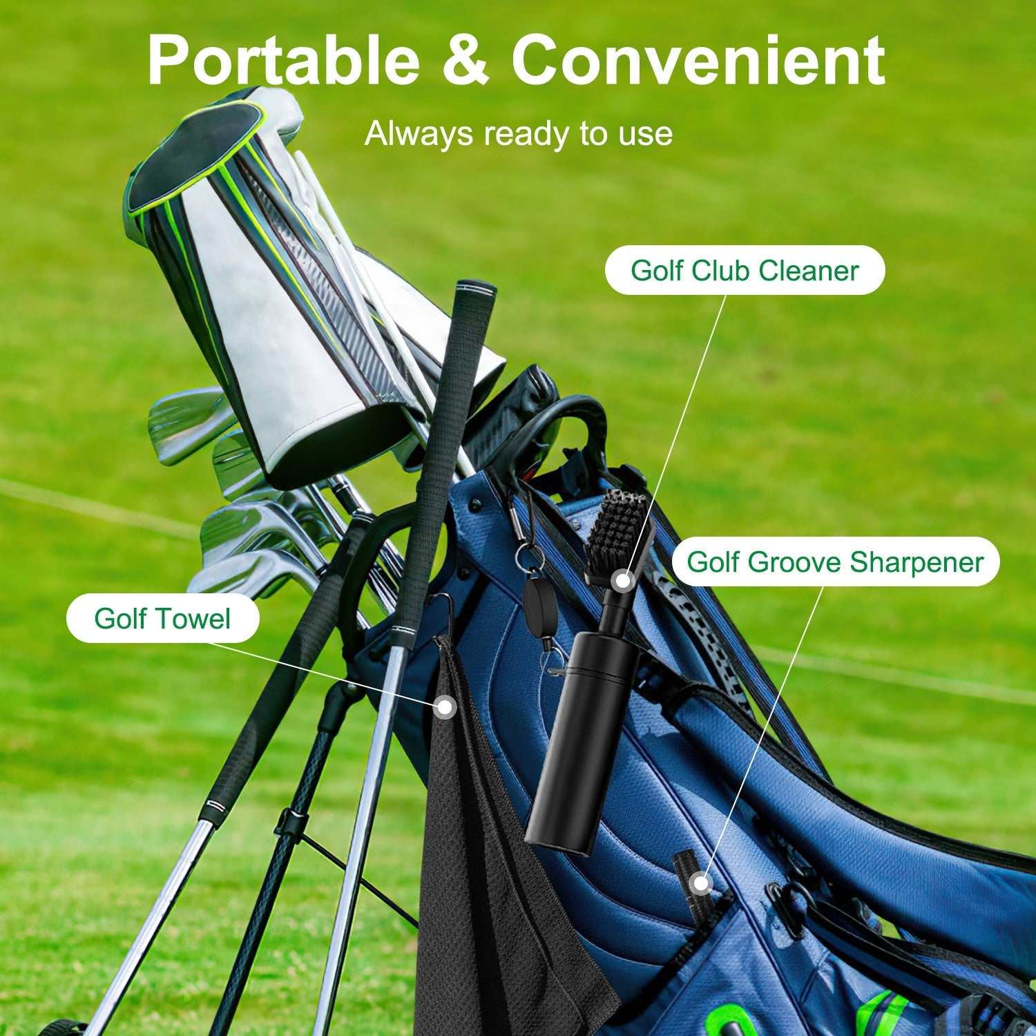 Three in one golf club cleaning kit with water bottle, brush, groove sharpener, and microfiber towel attached to golf bag