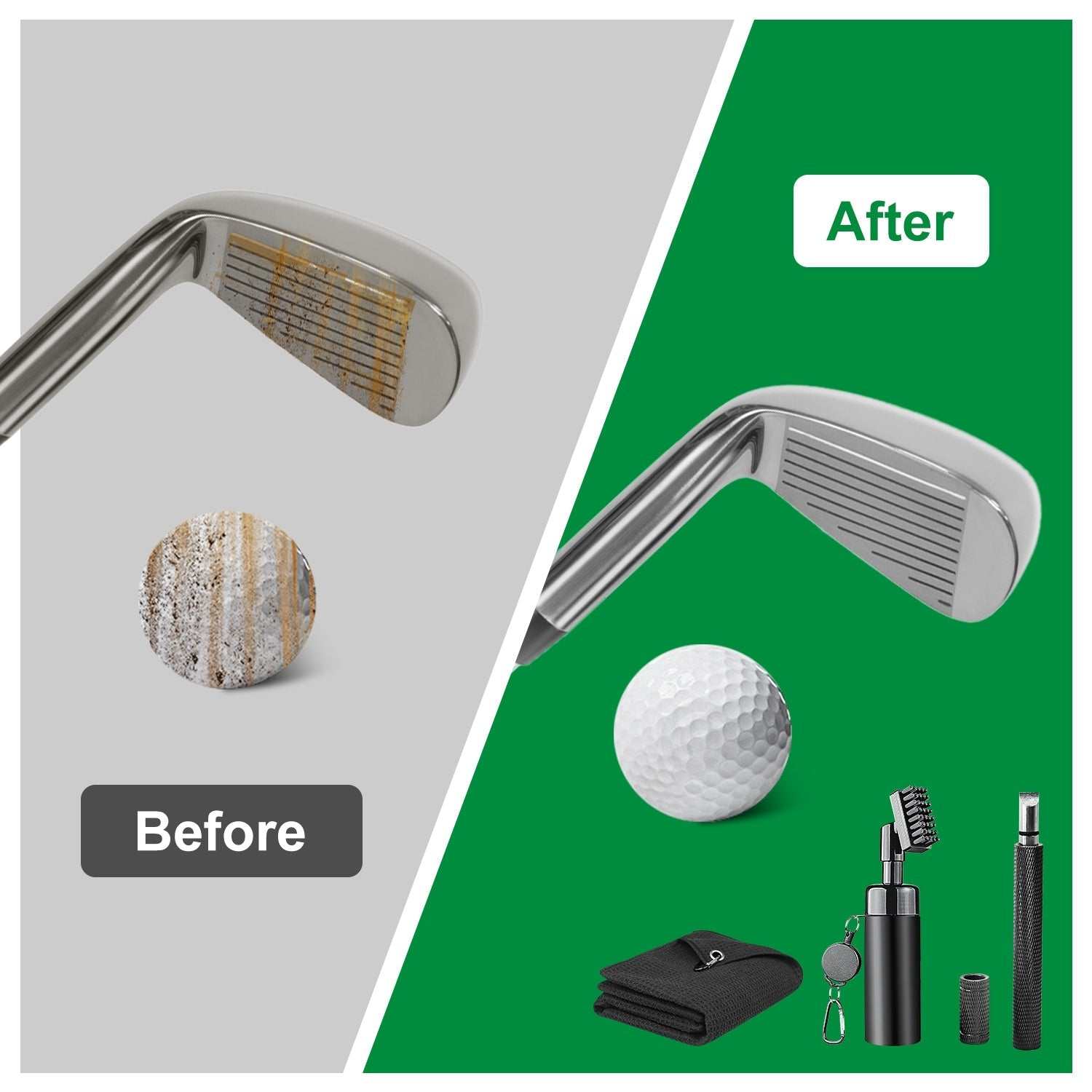 Three in one golf club cleaning kit with water bottle, brush, groove sharpener, and microfiber towel attached to golf bag