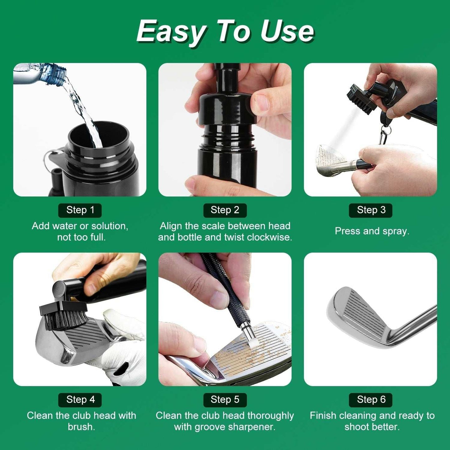 Three in one golf club cleaning kit with built-in water bottle and microfiber towel on green grass
