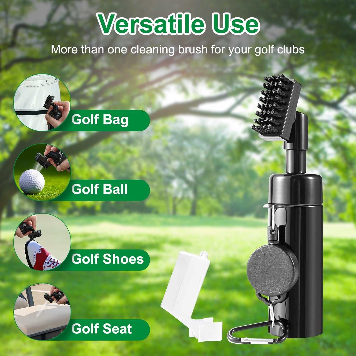 Three in one golf club cleaning kit with built-in water bottle, brush, groove sharpener, and microfiber towel attached to golf bag