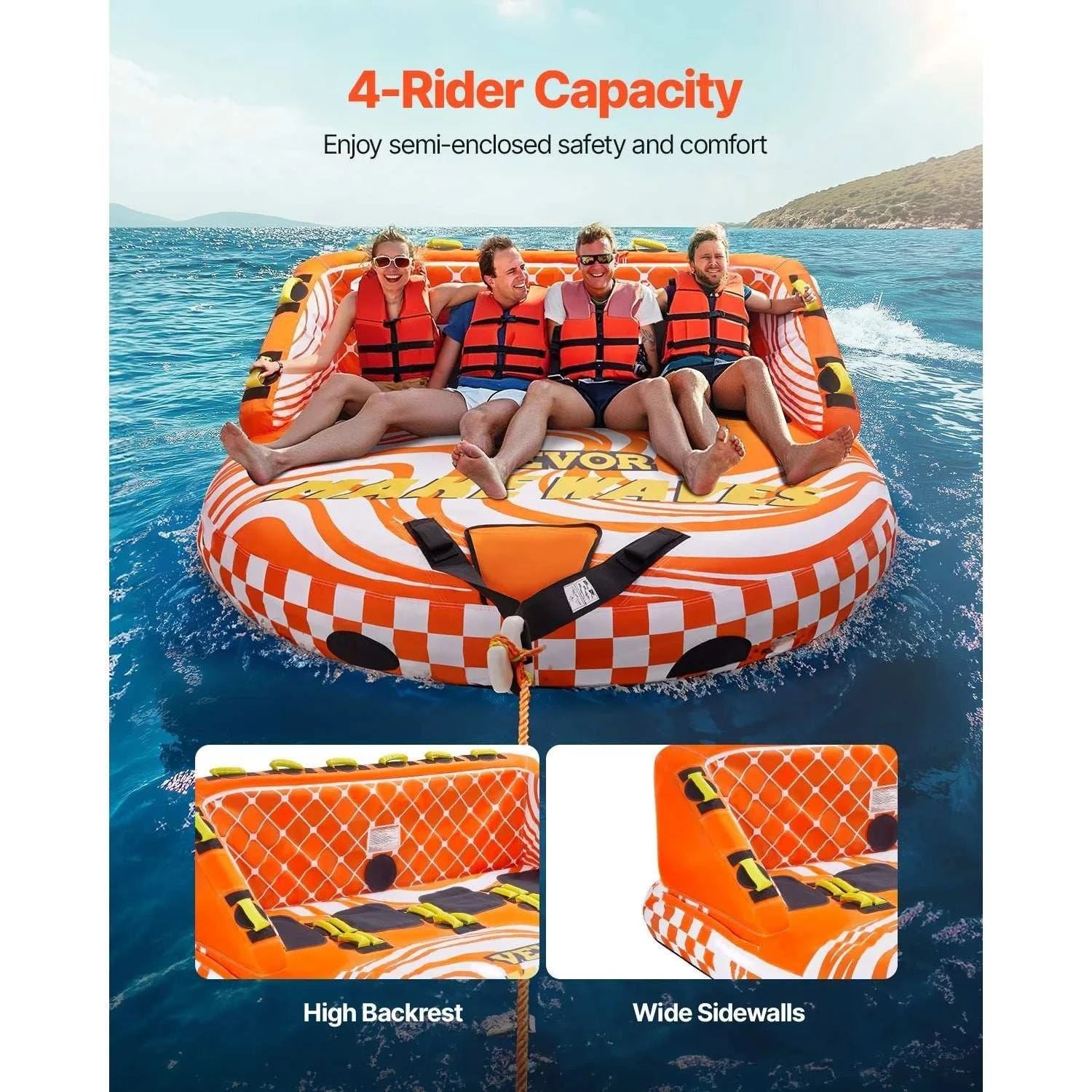 Towable tube for boating with four rider capacity, high backrests, padded grip handles, and durable UV-resistant nylon cover