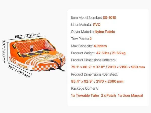 Towable tube for boating with high backrests and padded grips for up to four riders on water