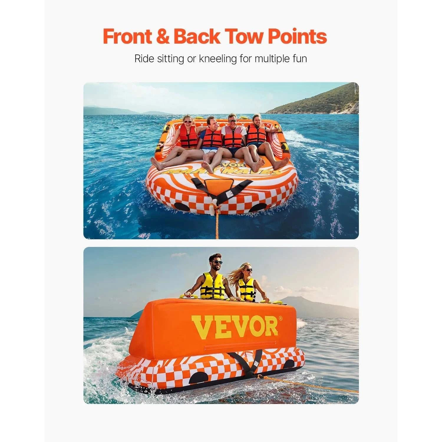 Towable tube for boating with high backrests, padded handles, seating for four riders, durable PVC bladder, and dual towing points on water