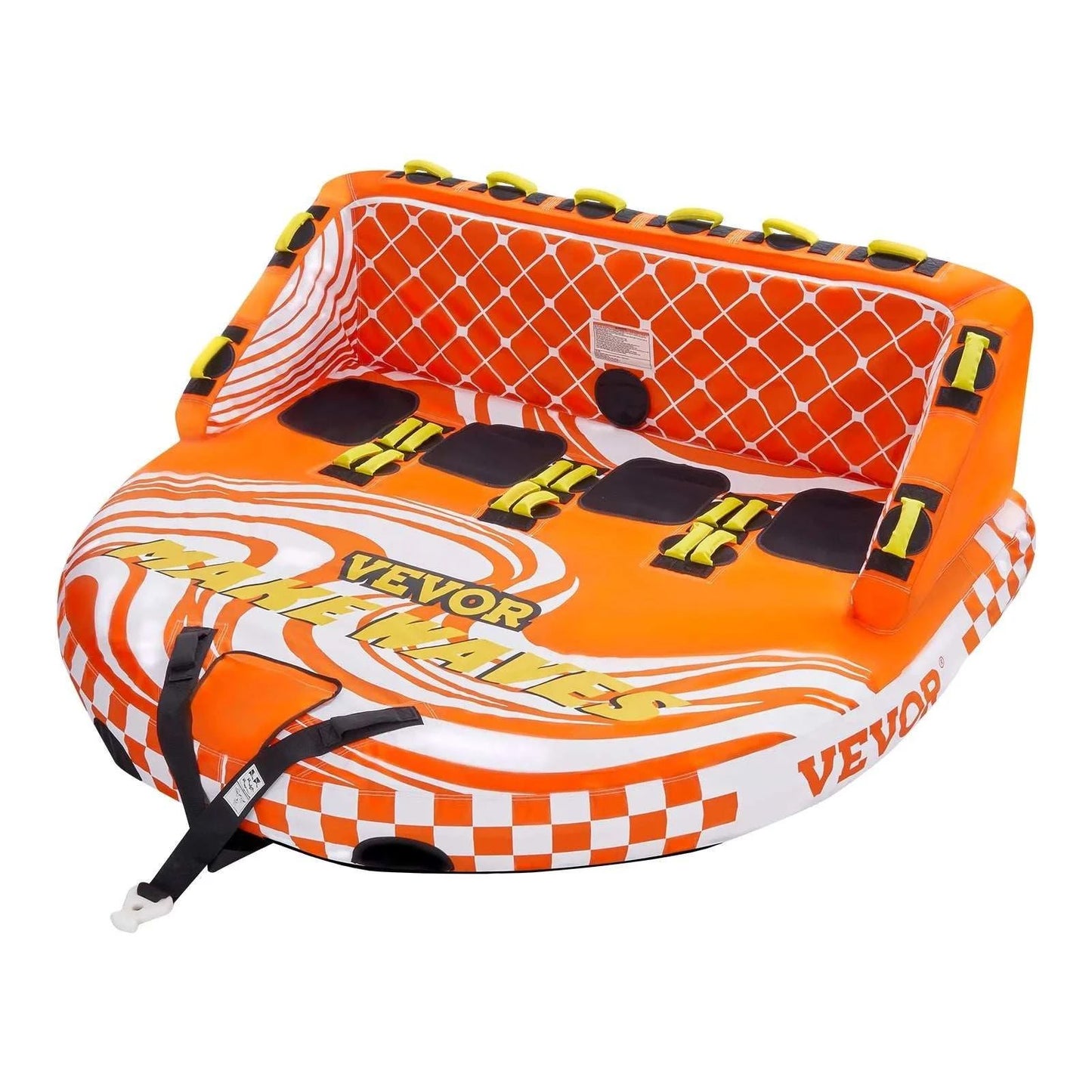 Towable tube for boating with 4 riders, high backrests, padded grips, durable nylon cover, and dual towing points for water sports adventure