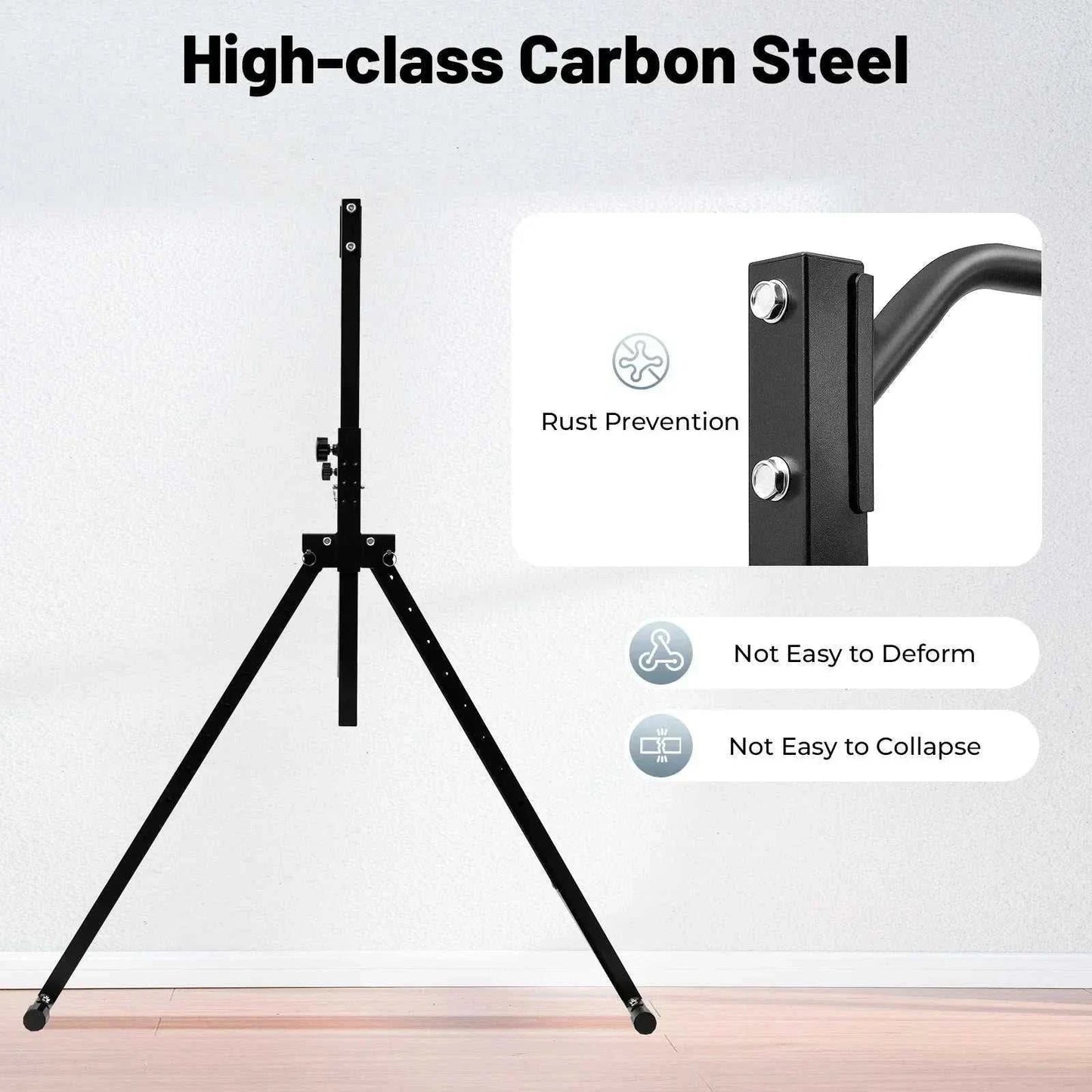 Black adjustable height triangular pull up station made of carbon steel for home gym strength training, freestanding with anti-slip knobs and 200kg load capacity