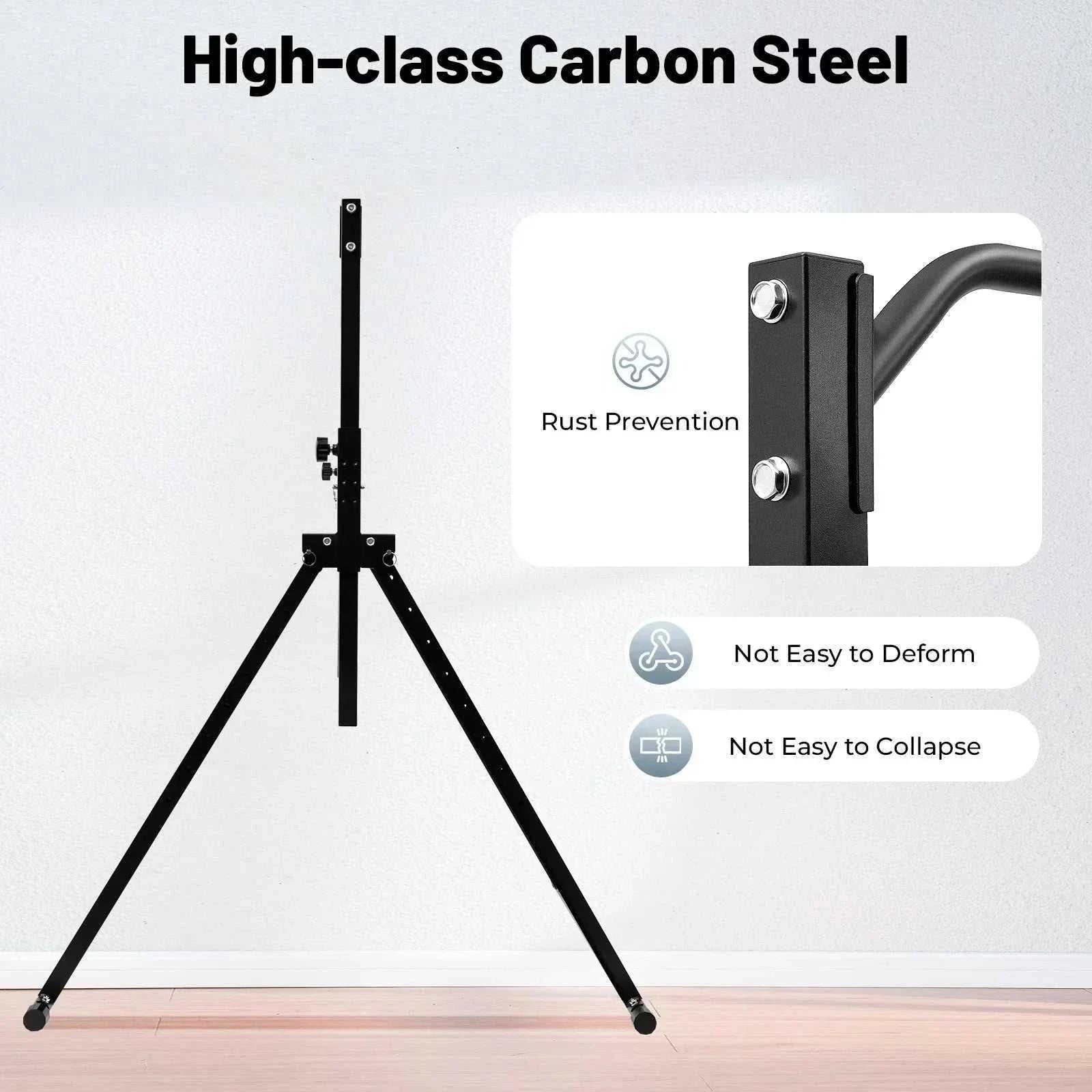 Black adjustable height triangular pull up station made of carbon steel for home gym strength training, freestanding with anti-slip knobs and 200kg load capacity