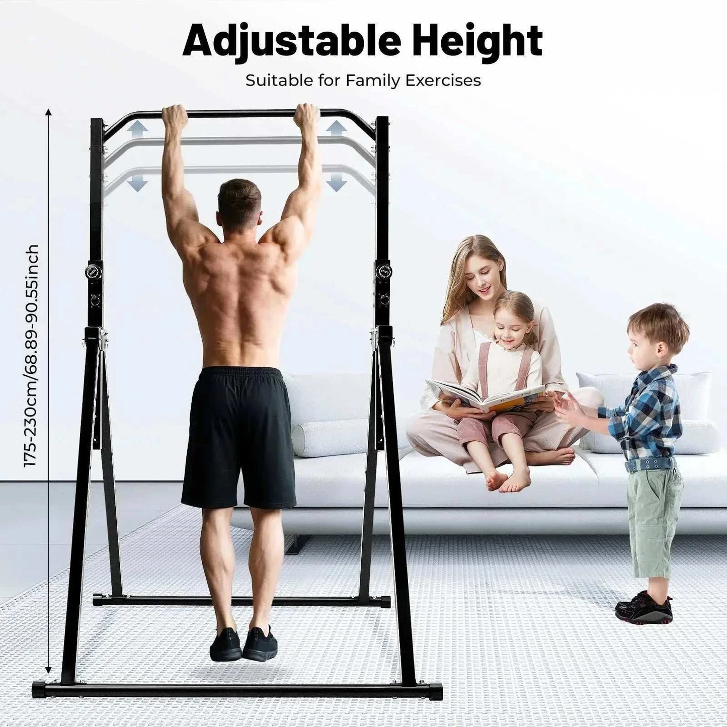 Black adjustable height triangular pull up station made of carbon steel for home gym strength training