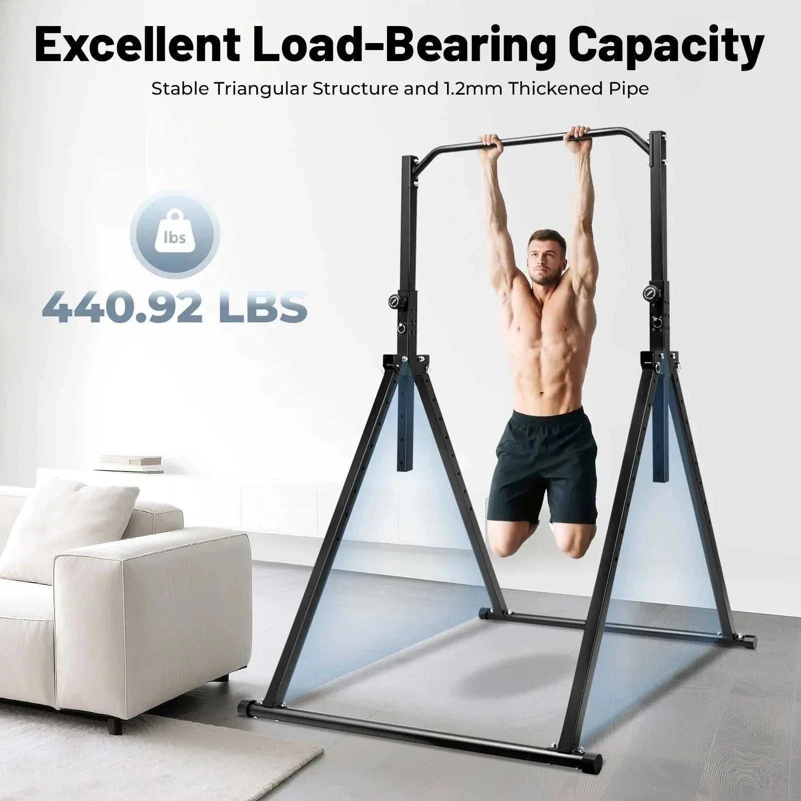 Black triangular adjustable height pull up station made of carbon steel for home gym strength training