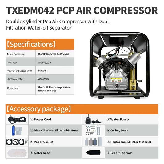 TUDIVING Portable Scuba PCP air compressor with 4500 PSI high-pressure for fast tank fills