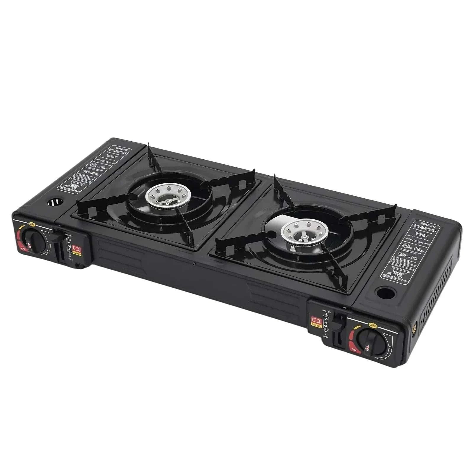 Two burner portable camping stove with butane kit and dual high-heat burners