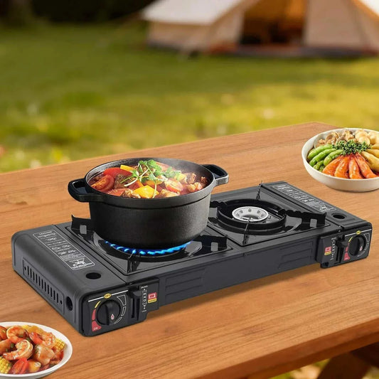 Two burner portable camping stove with butane kit and piezo ignition for outdoor cooking