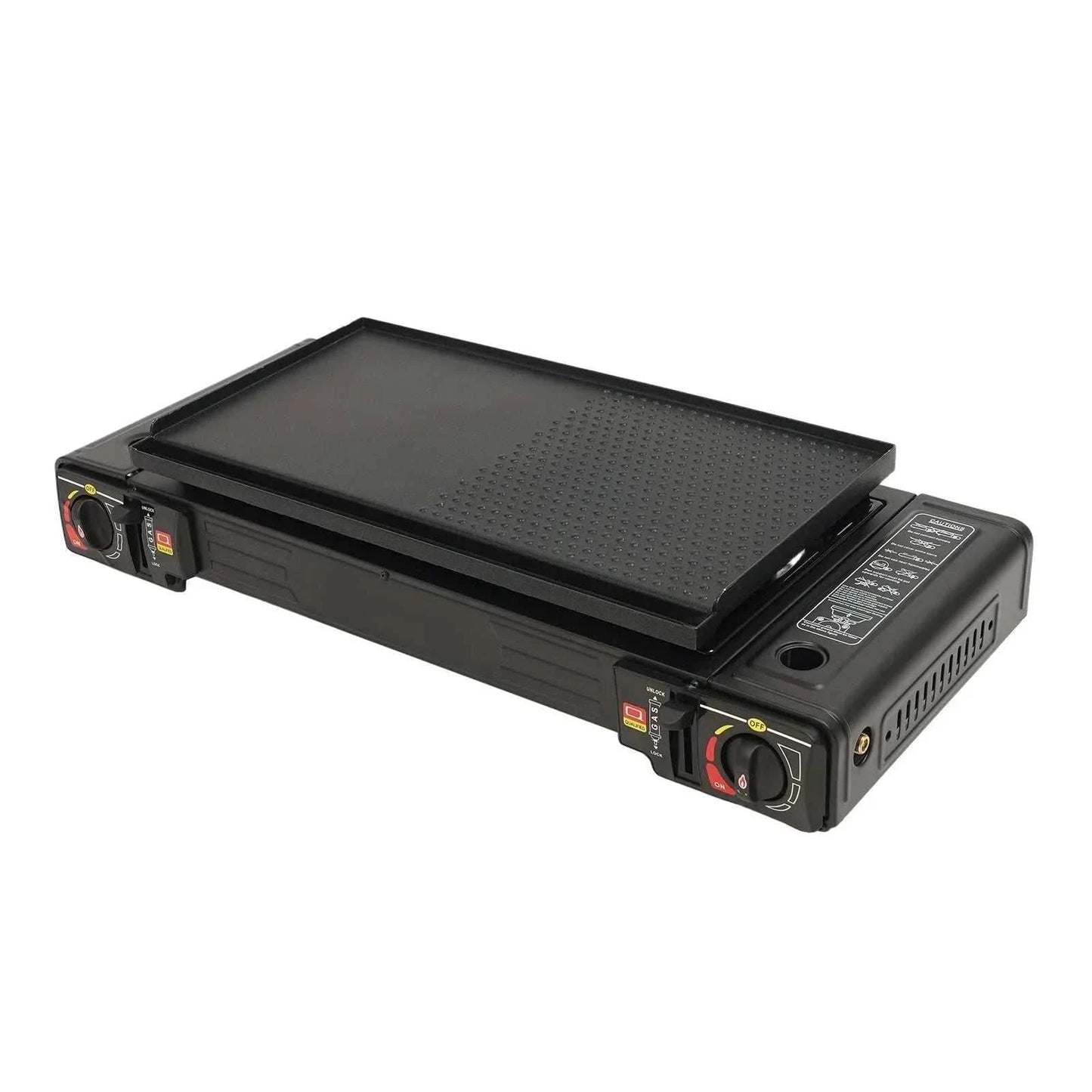 Two burner portable camping stove with dual burners, piezoelectric ignition, and carrying case for outdoor cooking