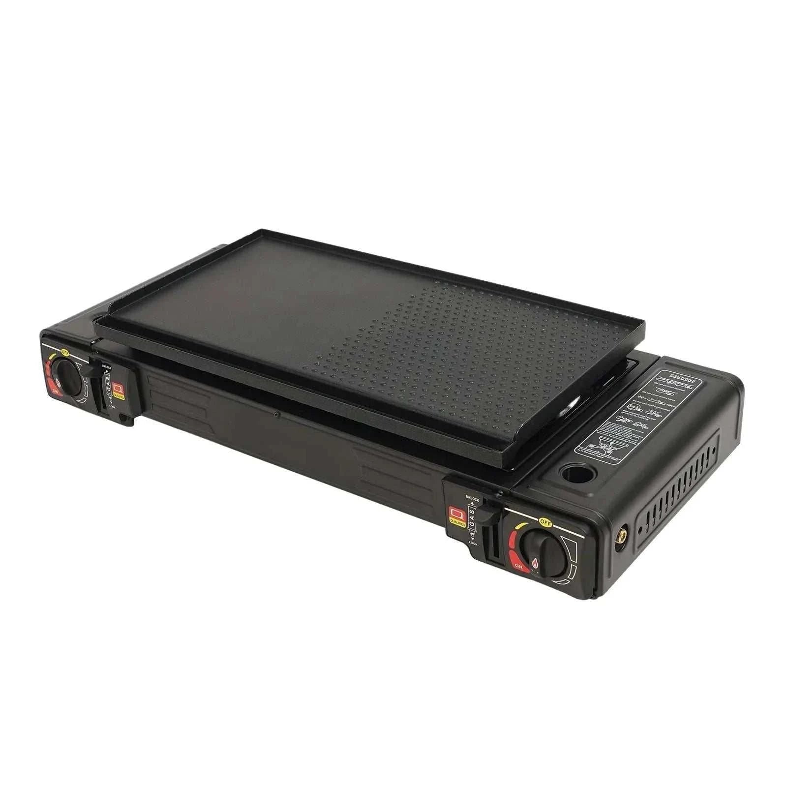 Two burner portable camping stove with dual burners, piezoelectric ignition, and carrying case for outdoor cooking