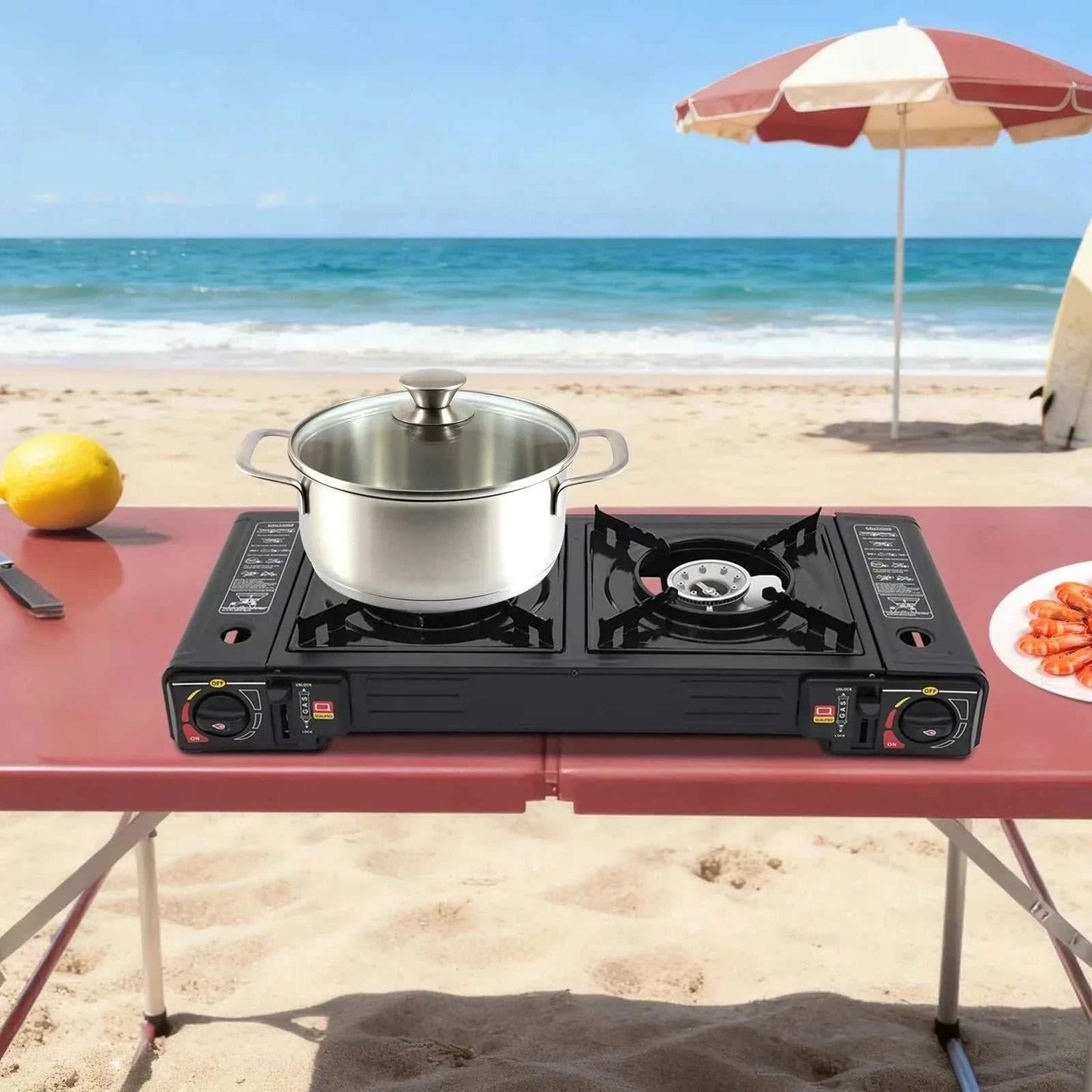 Two burner portable camping stove with butane kit, dual high-heat burners, piezoelectric ignition, and carrying case.