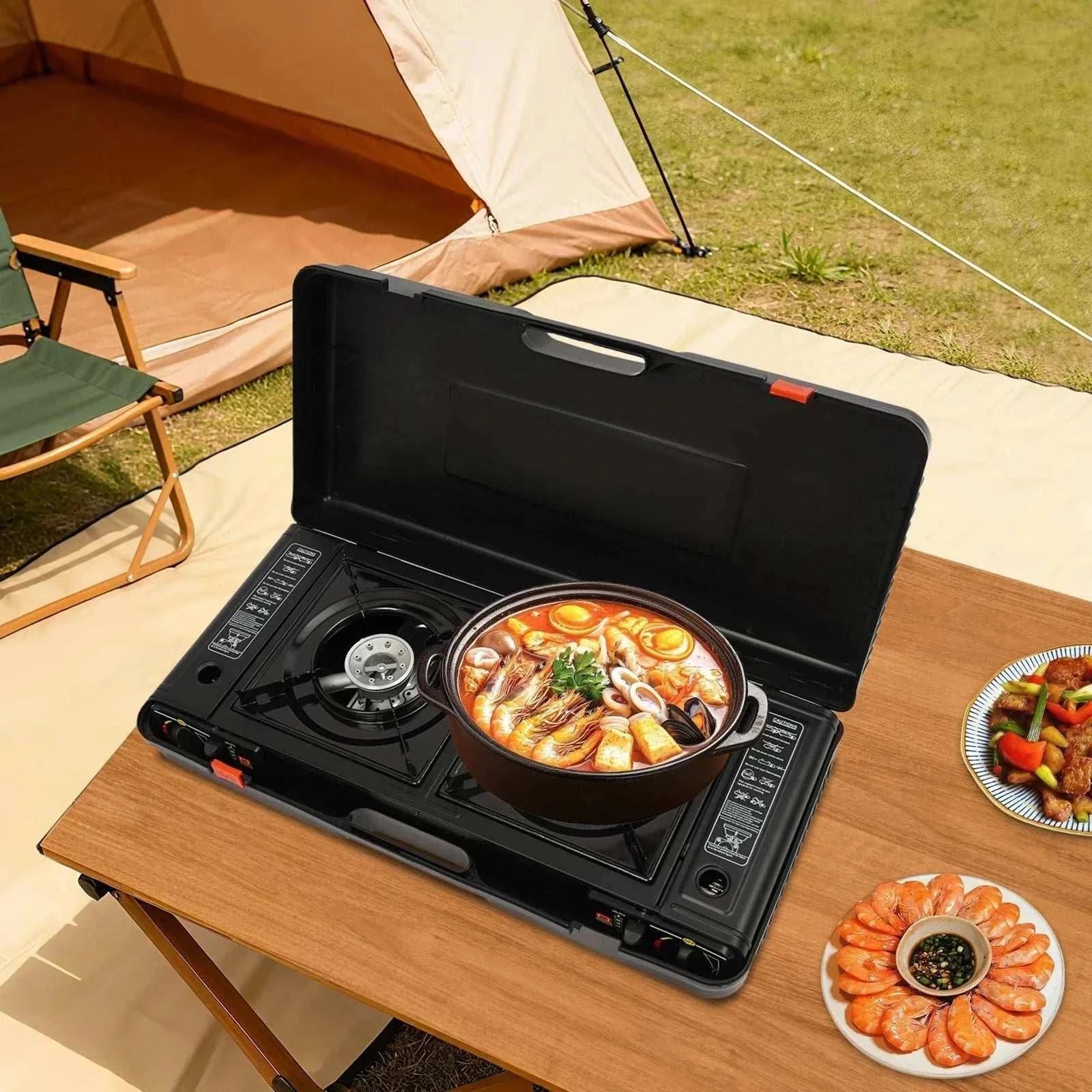 Two burner portable camping stove with butane kit and piezo ignition for outdoor cooking