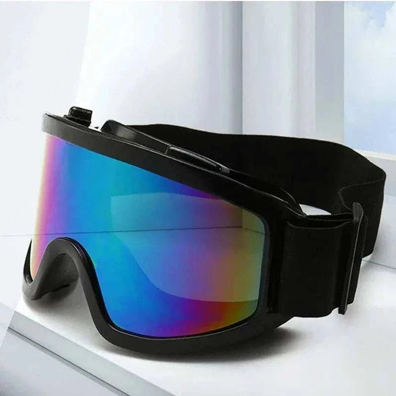 Unisex Protective Goggles with windproof, dustproof design, clear PC lens, ABS frame, elastic strap, and mirror belt buckle for outdoor sports